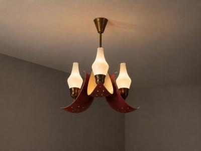 Bent Karlby Pendant Light Brass Red Lacquered Metal Glass Denmark 1950s