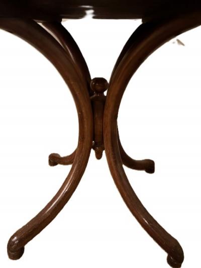 Bentwood low end table with a round inset white marble top