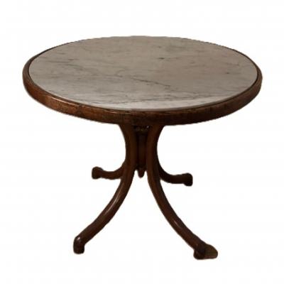 Bentwood low end table with a round inset white marble top