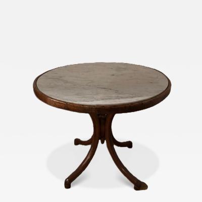 Bentwood low end table with a round inset white marble top