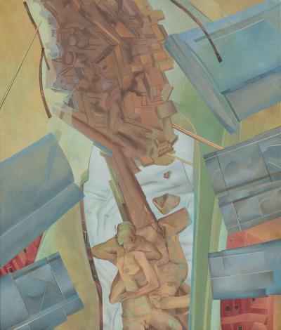 Bernard Aptekar The Speeding City Stretches Into Flesh Figurative Painting with Pastel Colors