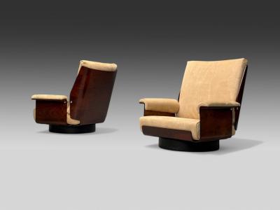 Bernard Brunier French Mid Century Modern Rosewood Suede Low Lounge Chairs