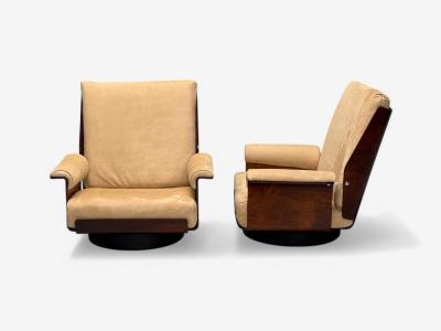 Bernard Brunier French Mid Century Modern Rosewood Suede Low Lounge Chairs