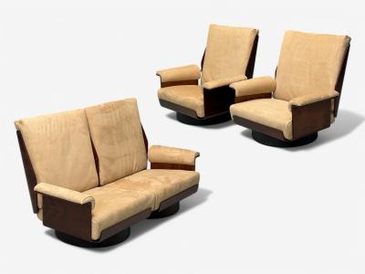 Bernard Brunier French Mid Century Modern Rosewood Suede Low Lounge Chairs