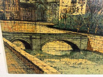 Bernard Buffet MID CENTURY FRENCH NOTRE DAME ON THE SEINE PAINTING STYLE OF BERNARD BUFFET