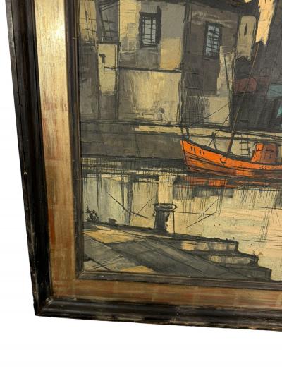 Bernard Buffet MID CENTURY PARISIAN WATERFRONT SCENE PAINTING IN THE STYLE OF BERNARD BUFFET