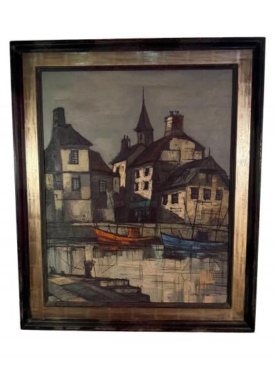 Bernard Buffet MID CENTURY PARISIAN WATERFRONT SCENE PAINTING IN THE STYLE OF BERNARD BUFFET