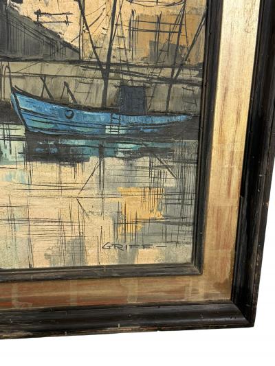 Bernard Buffet MID CENTURY PARISIAN WATERFRONT SCENE PAINTING IN THE STYLE OF BERNARD BUFFET