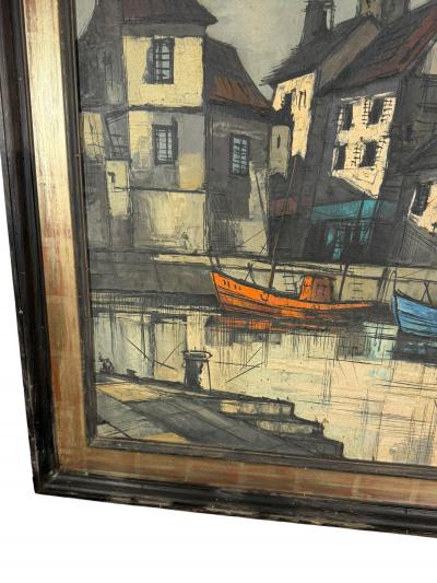 Bernard Buffet MID CENTURY PARISIAN WATERFRONT SCENE PAINTING IN THE STYLE OF BERNARD BUFFET