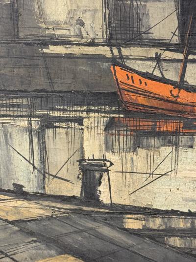 Bernard Buffet MID CENTURY PARISIAN WATERFRONT SCENE PAINTING IN THE STYLE OF BERNARD BUFFET