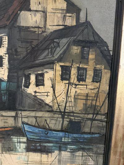 Bernard Buffet MID CENTURY PARISIAN WATERFRONT SCENE PAINTING IN THE STYLE OF BERNARD BUFFET