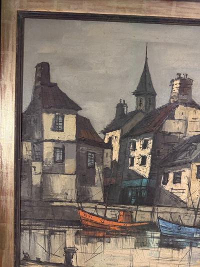 Bernard Buffet MID CENTURY PARISIAN WATERFRONT SCENE PAINTING IN THE STYLE OF BERNARD BUFFET
