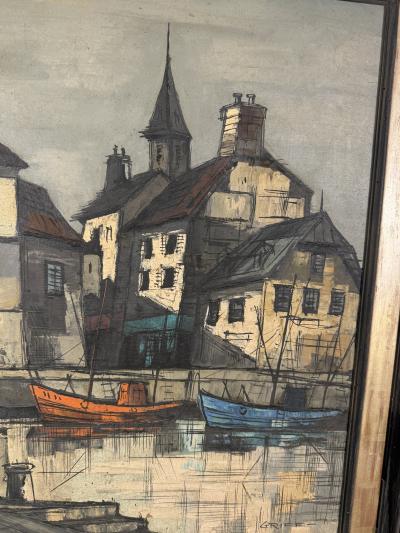 Bernard Buffet MID CENTURY PARISIAN WATERFRONT SCENE PAINTING IN THE STYLE OF BERNARD BUFFET
