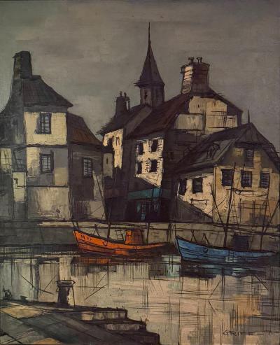 Bernard Buffet MID CENTURY PARISIAN WATERFRONT SCENE PAINTING IN THE STYLE OF BERNARD BUFFET