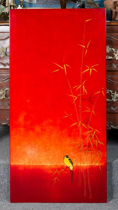 Bernard Dunand RED LACQUERED JAPANESQUE PANEL BY BERNARD DUNAND