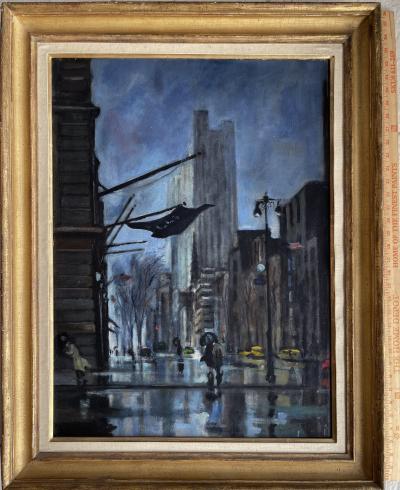 Bernard Lamotte New York City Rainy Night Street Scene in Moody Blue