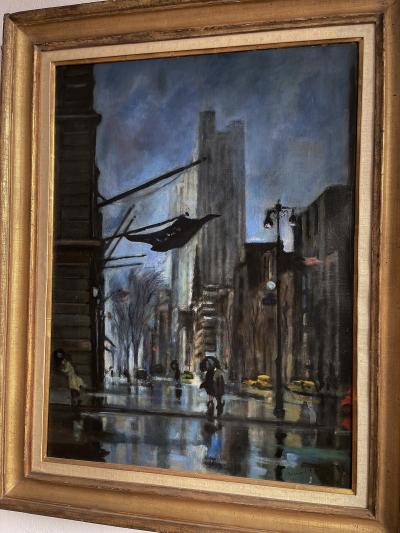 Bernard Lamotte New York City Rainy Night Street Scene in Moody Blue
