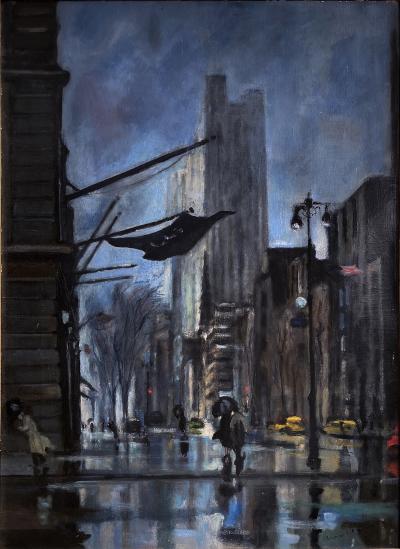 Bernard Lamotte New York City Rainy Night Street Scene in Moody Blue