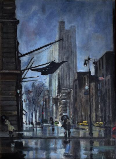 Bernard Lamotte New York City Rainy Night Street Scene in Moody Blue