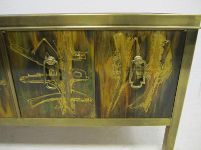 Bernhard Rohne Outstanding Acid Etched Brass Credenza by Bernard Rohne Mastercraft