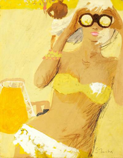 Bernie Fuchs Blond Girl in Yellow with Binoculars at the beach