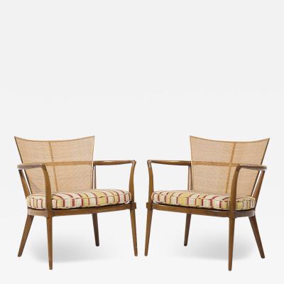 Bert England Bert England Mid Century Walnut Brass and Cane Back Lounge Chairs Pair