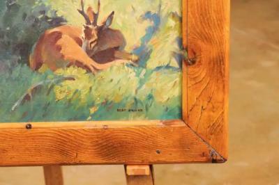 Bert Fricke Wolfenbuttel Deer in the Woods Bert Fricke Wolfenbuttel Oil on Panel Painting circa 1920