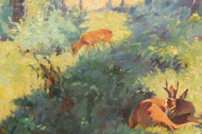 Bert Fricke Wolfenbuttel Deer in the Woods Bert Fricke Wolfenbuttel Oil on Panel Painting circa 1920