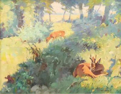 Bert Fricke Wolfenbuttel Deer in the Woods Bert Fricke Wolfenbuttel Oil on Panel Painting circa 1920