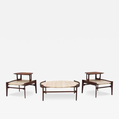 Bertha Schaefer Bertha Schaefer for Singer Sons Walnut Travertine Marble Living Table Set
