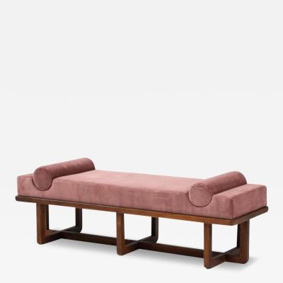 Bespoke Bench with Sculptural Bolsters and Walnut Frame in Rose Velvet Italy