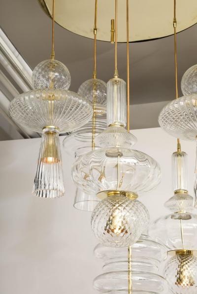 Bespoke Clear Murano Glass Pendants with Brass Suspension Chandelier Italy