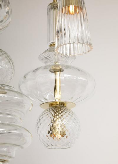 Bespoke Clear Murano Glass Pendants with Brass Suspension Chandelier Italy