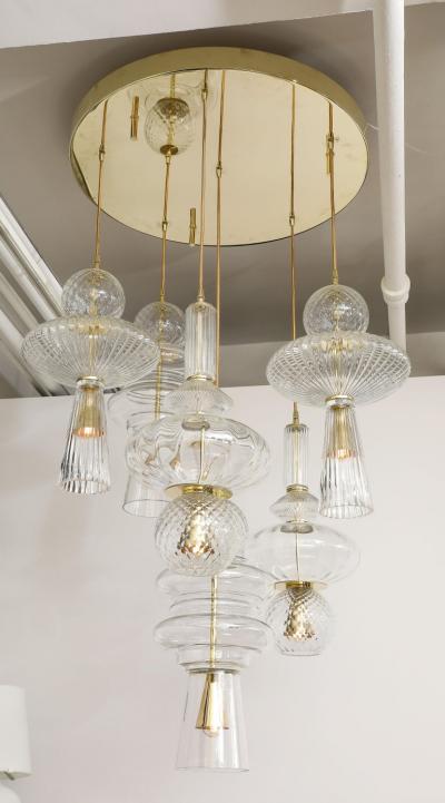 Bespoke Clear Murano Glass Pendants with Brass Suspension Chandelier Italy