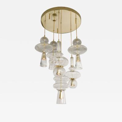 Bespoke Clear Murano Glass Pendants with Brass Suspension Chandelier Italy