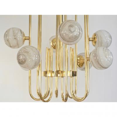 Bespoke Italian Alabaster White Murano Glass Brass Curved Globe Chandelier