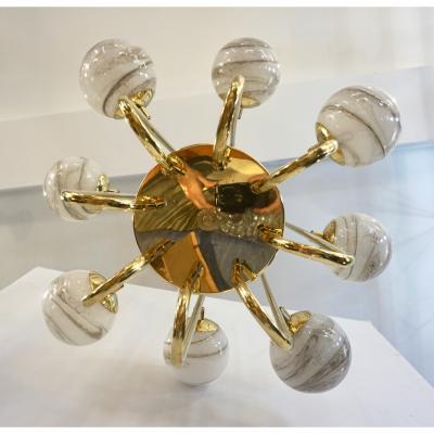 Bespoke Italian Alabaster White Murano Glass Brass Curved Globe Chandelier