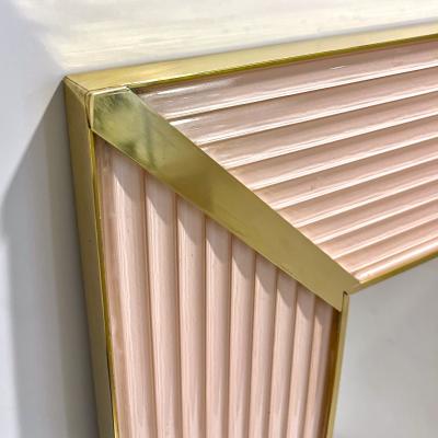 Bespoke Italian Art Deco Design Iridescent Pink Fluted Murano Glass Brass Mirror
