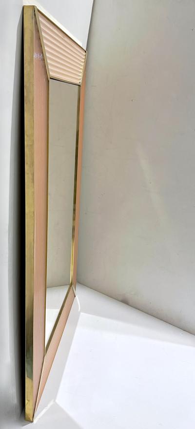 Bespoke Italian Art Deco Design Iridescent Pink Fluted Murano Glass Brass Mirror