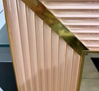 Bespoke Italian Art Deco Design Iridescent Pink Fluted Murano Glass Brass Mirror