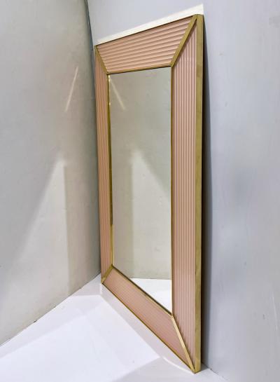 Bespoke Italian Art Deco Design Iridescent Pink Fluted Murano Glass Brass Mirror