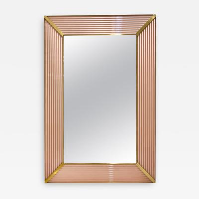 Bespoke Italian Art Deco Design Iridescent Pink Fluted Murano Glass Brass Mirror