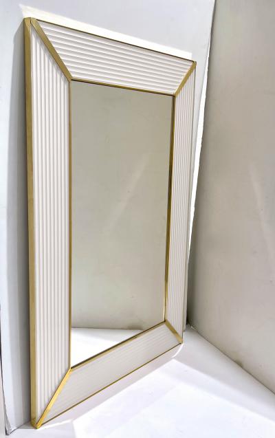 Bespoke Italian Art Deco Design Iridescent White Murano Glass Brass Mirror