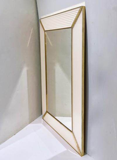 Bespoke Italian Art Deco Design Iridescent White Murano Glass Brass Mirror
