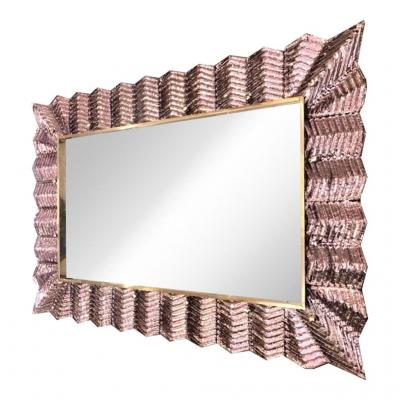 Bespoke Italian Art Deco Design Ruffled Gold Murano Glass Brass Mirror
