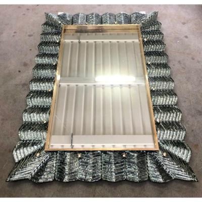 Bespoke Italian Art Deco Design Ruffled Silver Pink Murano Glass Brass Mirror