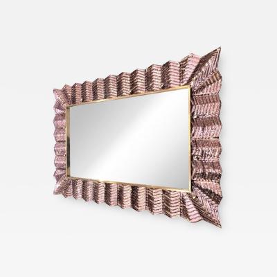 Bespoke Italian Art Deco Design Ruffled Silver Pink Murano Glass Brass Mirror