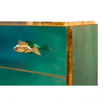 Bespoke Italian Art Design Brass Emerald Green Glass 9 Drawer Dresser Sideboard