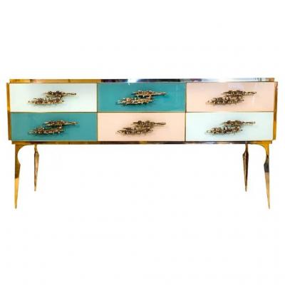Bespoke Italian Art Design Brass Emerald Green Glass 9 Drawer Dresser Sideboard