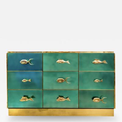 Bespoke Italian Art Design Brass Emerald Green Glass 9 Drawer Dresser Sideboard